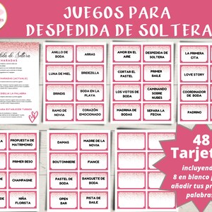 Op de afbeelding: Roze en witte speelkaarten met een roze glitterachtergrond. De kaarten hebben Spaanse tekst, waaronder "Juegos para Despedida de Soltera" (Spellen voor een vrijgezellenfeest). Er zijn in totaal 48 kaarten, waaronder 8 blanco kaarten.