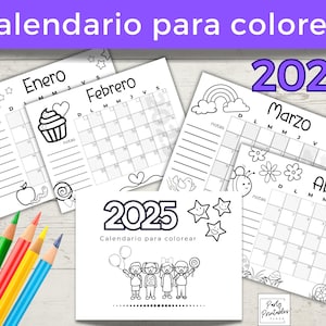 CALENDÁRIO para NIÑOS para colorir 2025 Agenda 12 meses PDF Descarga Instantánea Kids Calendar em espanhol
