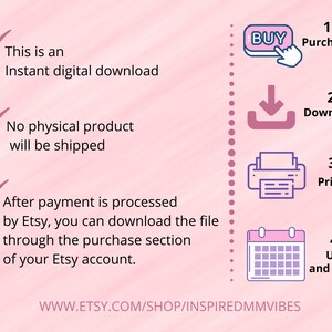 以下が含まれることがあります： デジタルダウンロードの購入と使用方法の手順をまとめたピンクのグラフィック。手順は次のとおりです。1. 購入、2. ダウンロード、3. 印刷、4. 使用して楽しんでください。グラフィックには、「購入」と書かれたピンクのボタンと、下向きに指し示すピンクの矢印が含まれています。