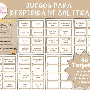 May include: A set of 48 brown and white cards with gold accents. The cards feature Spanish words related to a bridal shower or bachelorette party. The text on the cards includes "Juegos para Despedida de Soltera" and "48 Tarjetas".