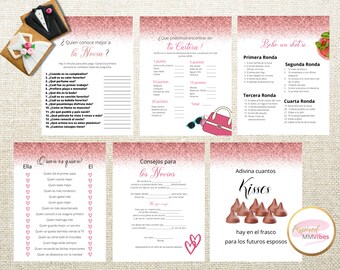 Gry ślubne do wydrukowania, Brokatowe gry ślubne, Gry ślubne w języku hiszpańskim, Juegos para despedida soltera, Gry na wieczór panieński, Wydrukuj PDF