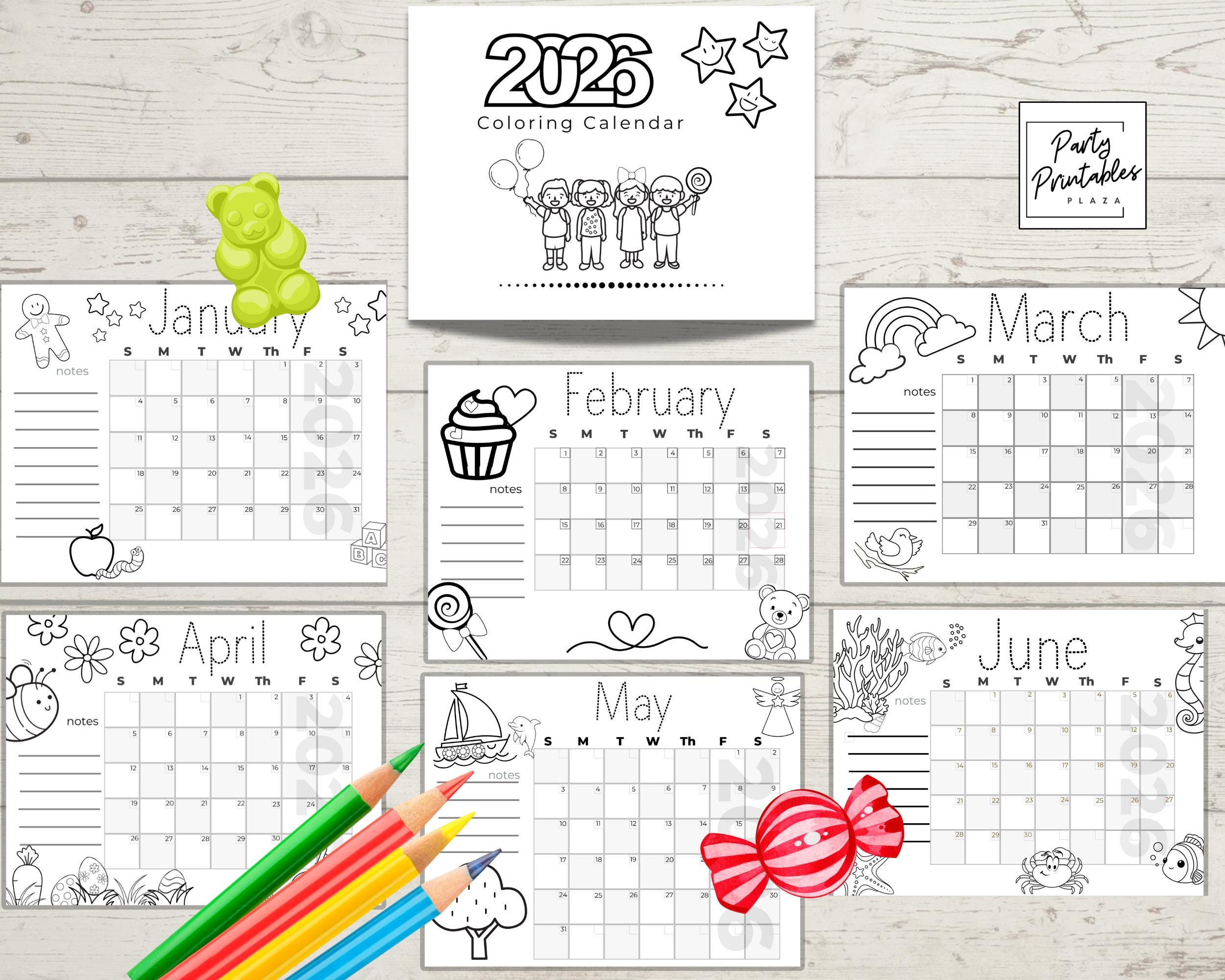 COLORING CALENDAR 2026 Kids PDF Printable Instant Download Kids Monthly ...