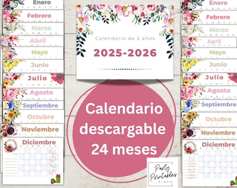 CALENDARIO FLORAL de 24 MESES 2025 Y 2026 en español para descarga instantanea calendario de enero a diciembre