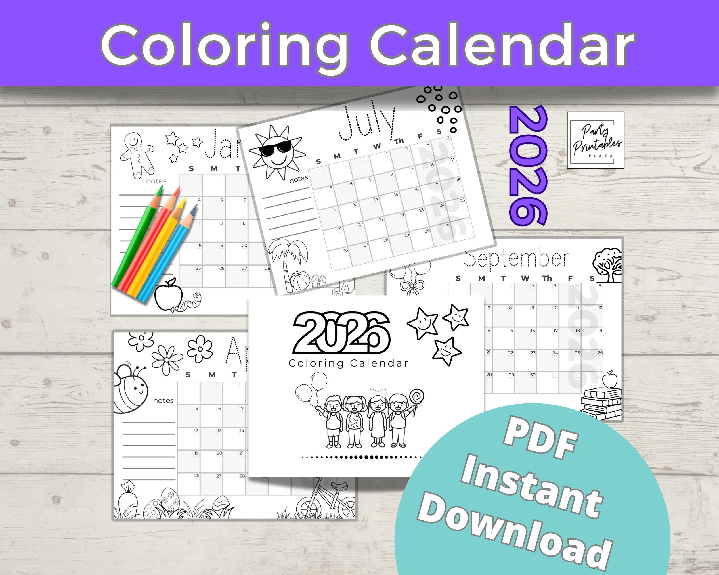 COLORING CALENDAR 2026 Kids PDF Printable Instant Download Kids Monthly ...