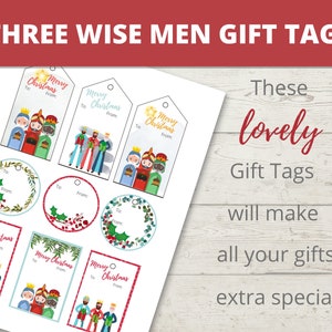 May include: Printable gift tags featuring the three wise men with the text "Merry Christmas" on each tag. There are also circular tags with holly and greenery designs.