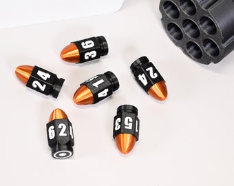 Set of (6) D6 numbered dice in the shape of bullets with dice chamber