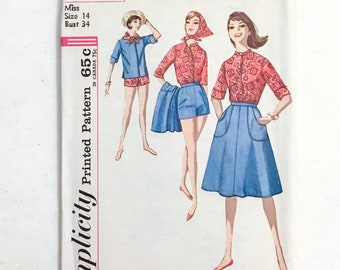 Uncut Unused vintage 1960s printed pattern Simplicity 4899 Pattern * Shirt Shorts + Wrap Skirt Set * Misses size 14