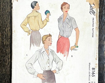 1950 vintage McCall’s McCalls McCall 8165 blouse shirt top printed pattern * bust 32 * size 14 * 1950s 1950’s 50s 50’s UNCUT factory folded