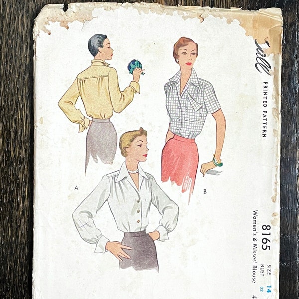 1950 vintage McCall’s McCalls McCall 8165 blouse shirt top printed pattern * bust 32 * size 14 * 1950s 1950’s 50s 50’s UNCUT factory folded