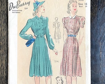 1940 vintage Du Barry DuBarry 5046 dress unprinted pattern * bust 34 * size 16 * 1940s 1940’s 40’s late 1930’s 1930s unused factory folded