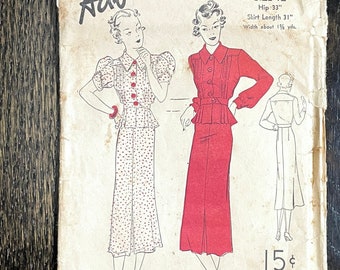 1930s vintage Advance 1606 2 piece dress blouse skirt unprinted pattern * bust 30 * size 12 * 1937 1930’s 30s 30’s