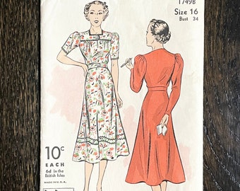 1930s vintage Du Barry DuBarry 1749B dress unprinted pattern * bust 34 * size 16 * 1930’s 30s 30’s 1937