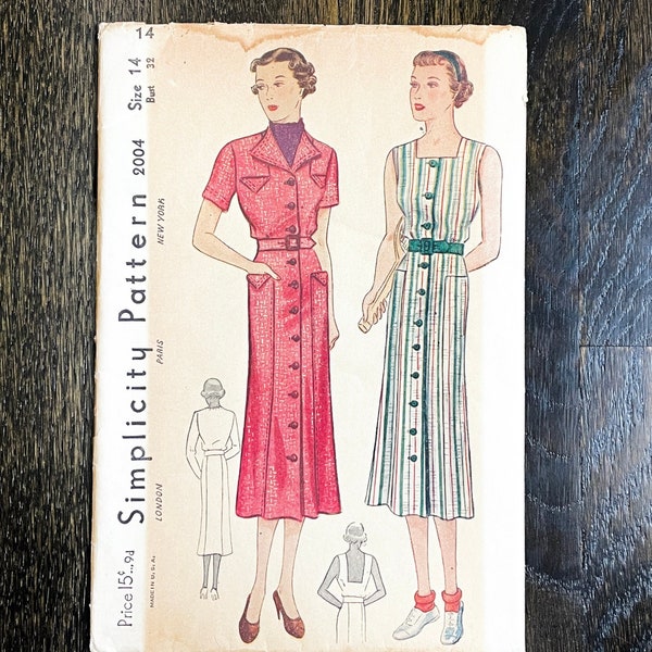 1930s vintage Simplicity 2004 dress sundress sport button front unprinted pattern * bust 32 * size 14 * 1930’s 30s 30’s FACTORY FOLDED