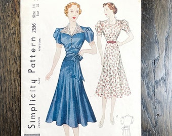 1930s vintage Simplicity 2636 dress pointed collar puffed sleeves unprinted pattern * bust 32 * size 14 * 1930’s 30s 30’s 1938