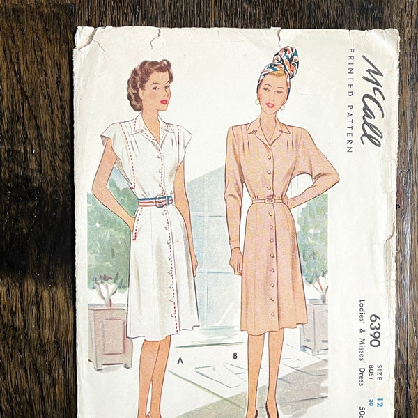 1940s 40s vintage McCall’s McCalls McCall 6390 dress printed pattern * bust 30 * size 12 * 1946 1940’s 40’s