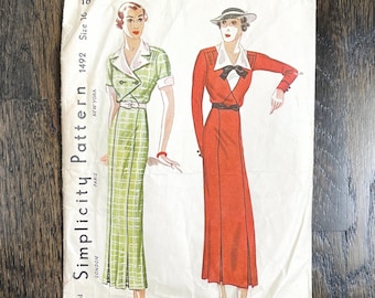 1930s vintage Simplicity 1492 robe motif non imprimé * buste 34 * taille 16 * 1934 1930's 30s 30's