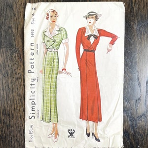 1930s vintage Simplicity 1492 dress unprinted pattern bust 34 size 16 1934 1930s 30s 30s image 1