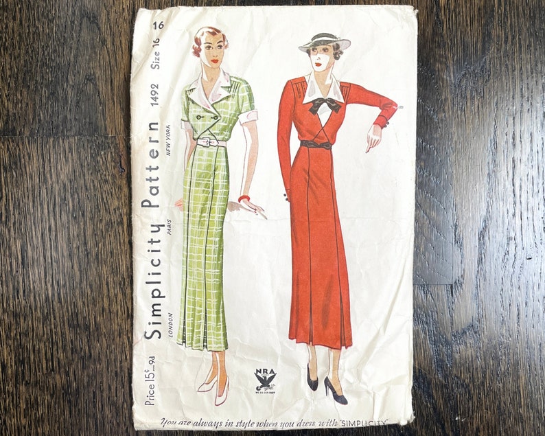 1930s vintage Simplicity 1492 dress unprinted pattern bust 34 size 16 1934 1930s 30s 30s image 1