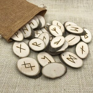Cut Back Runes Pear Tree Cut Wooden Rune Set With Tree Bark Elder Futhark in Cloth ...