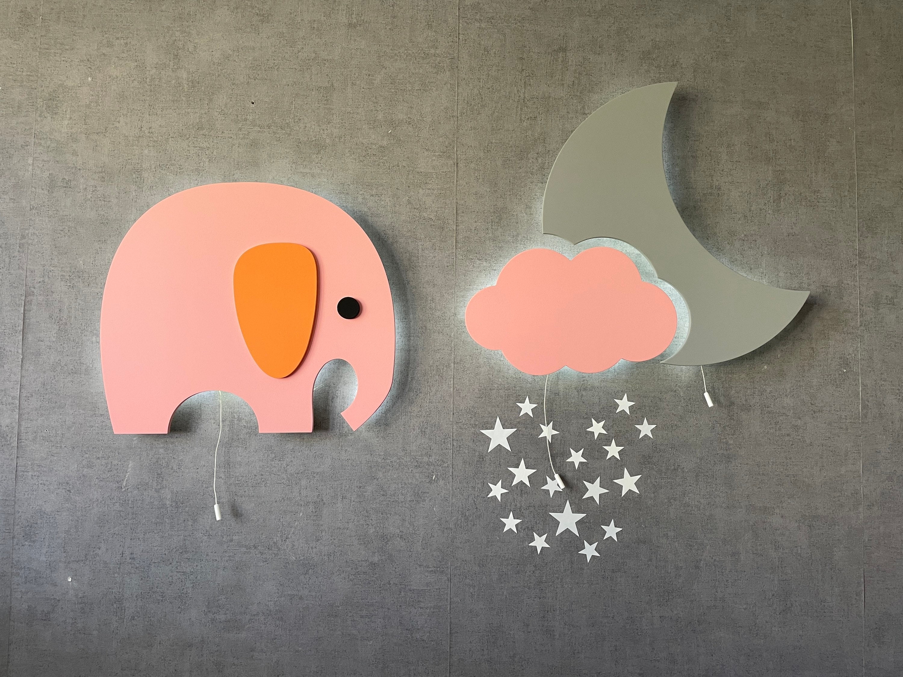 Baby Girl Gift Elephant Wall Lamp and Moon With Cloud Lamp - Etsy