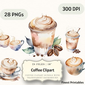 Coffee Clipart Bundle | 28 Watercolor PNGs Images With Transparent Background | Pastel Iced Coffee, Macchiato, Cappuccino, Ness