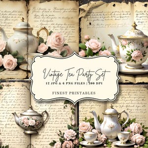 Kit de diário vintage para festa do chá - Download digital de itens efêmeros e papel para scrapbook - Colagem de xícaras de chá, rosas e letras para impressão