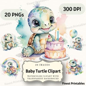 Turtle Clipart PNG | 20 Watercolor Baby Turtles | Cute Animal Birthday Graphics | 300 DPI Transparent Bacground | Instant Download