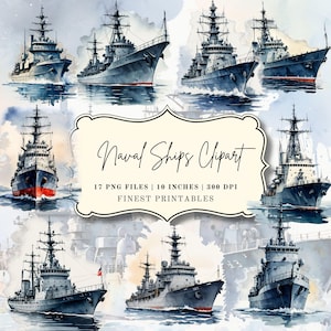 Naval Ships Clipart Bundle | 17 PNG | Military Warship Clip Art | 10 inch 300 DPI | Printable Watercolor Navy Ship Graphics | Commercial Use