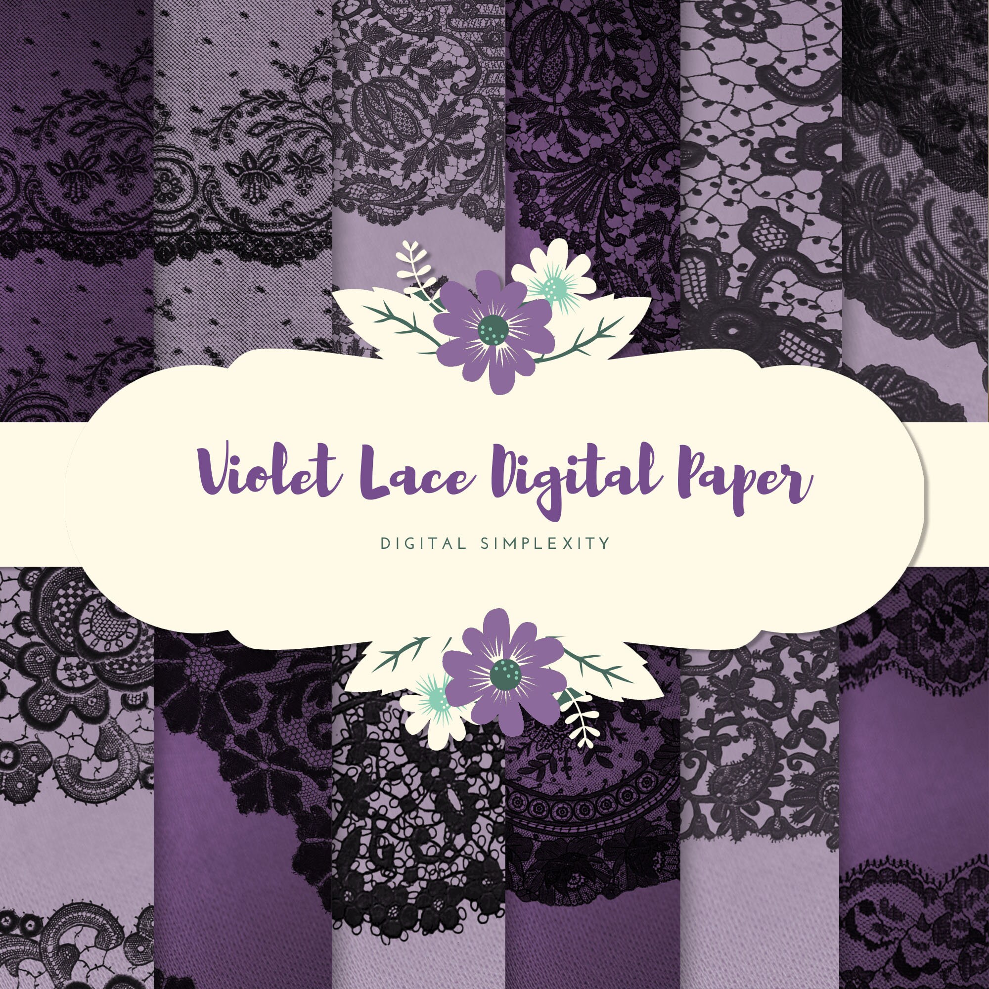 Violet Digital Paper Gothic Scrapbook Paper With Black Lace Etsy