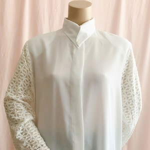 Swallow-tailed collar, Lace Sleeves, White Shirt Blouse, Simon Chang