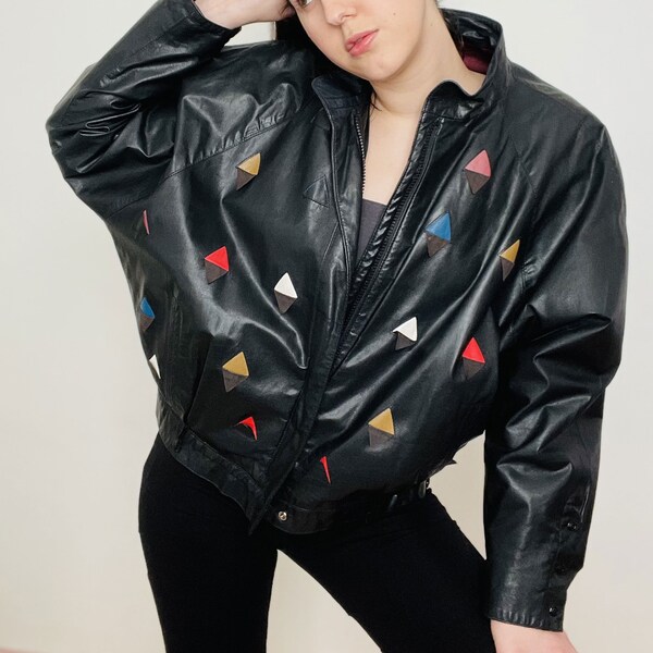 80s Eclectic Black Leather Bomber Jacket