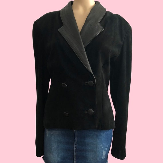 80s Black Suede Blazer Jacket with Power Shoulder… - image 1