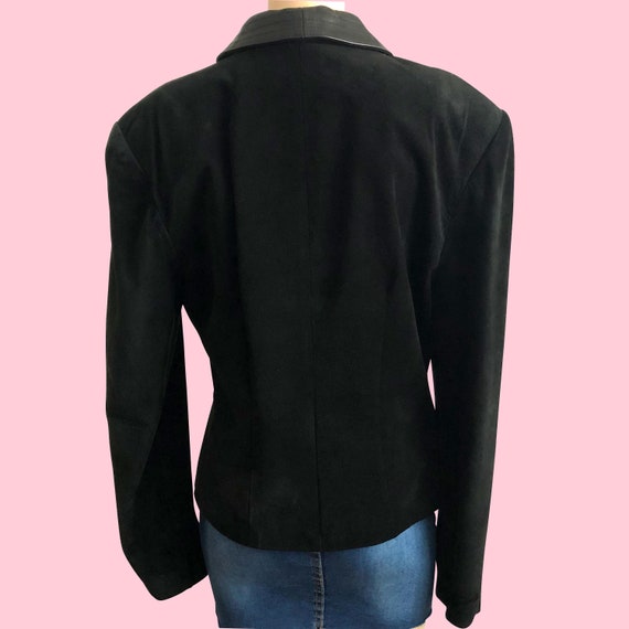 80s Black Suede Blazer Jacket with Power Shoulder… - image 4