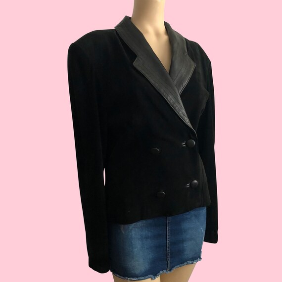 80s Black Suede Blazer Jacket with Power Shoulder… - image 3