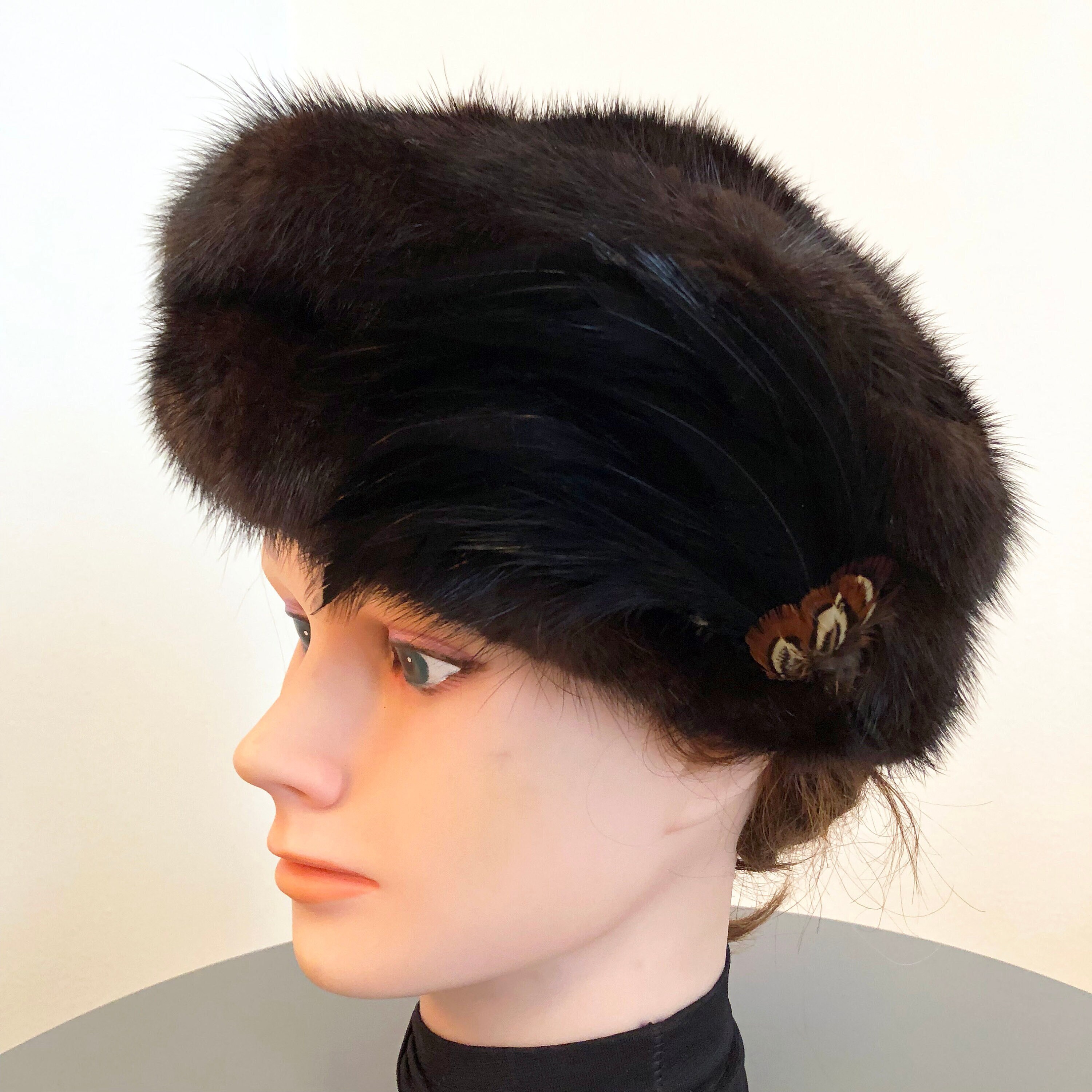 Vintage Mink Fur Hat With Feathers