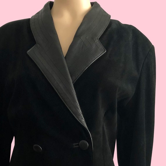 80s Black Suede Blazer Jacket with Power Shoulder… - image 2