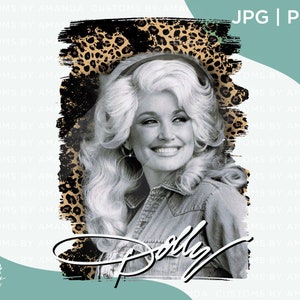 May include: A black and white image of a smiling woman with long, wavy blonde hair, wearing a denim shirt. The image is set against a leopard print and black brushstroke background. The name "Dolly" is written in a cursive font below the image.