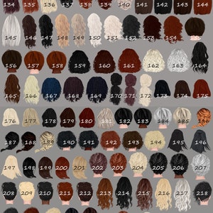 Op de afbeelding: Een grafiek met 240 verschillende kapsels, elk genummerd en weergegeven op een apart silhouet van een hoofd. De kapsels zijn een mix van lange, middelgrote en korte stijlen, met verschillende kleuren, texturen en stijlen.