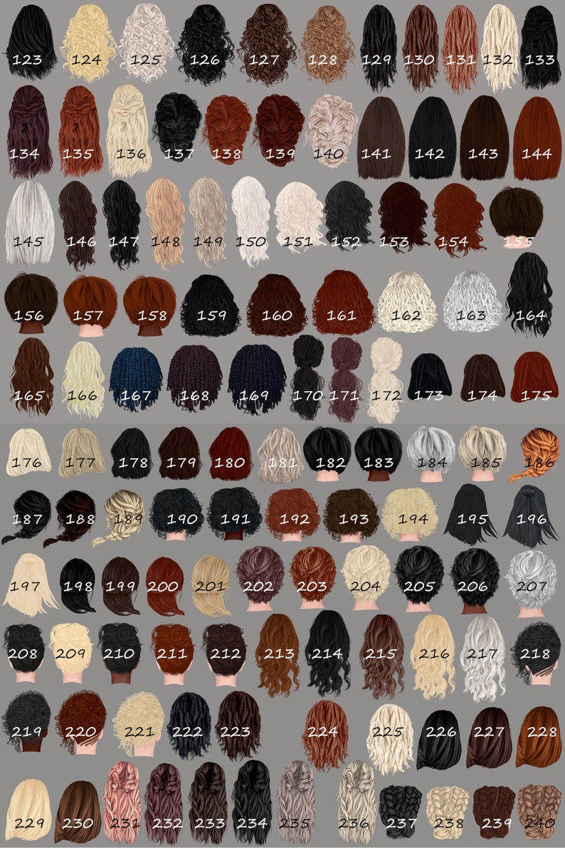 Op de afbeelding: Een grafiek met 240 verschillende kapsels, elk genummerd en weergegeven op een apart silhouet van een hoofd. De kapsels zijn een mix van lange, middelgrote en korte stijlen, met verschillende kleuren, texturen en stijlen.