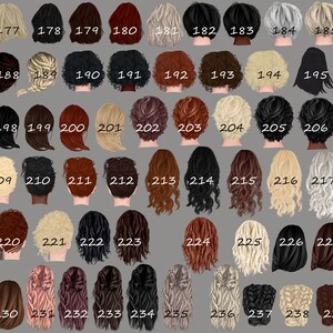 May include: A chart of 40 different hairstyles, numbered 176 to 240, showing the back of the head with various hair colors, lengths, and styles.