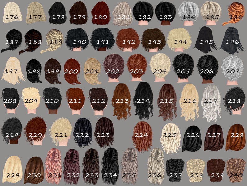 May include: A chart of 40 different hairstyles, numbered 176 to 240, showing the back of the head with various hair colors, lengths, and styles.
