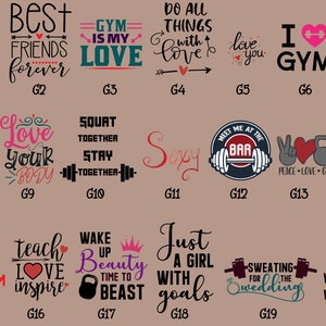 May include: A set of 20 colorful digital designs featuring motivational quotes and graphics related to fitness, love, and friendship. The designs include phrases like "Live Deep, Squat Deep", "Best Friends Forever", "Gym is My Love", "Do All Things With Love", "I Love You", "I'll Always Be Your Biggest Fan", "Live Love Lift", "Love Your Body", "Squat Together Stay Together", "Sexy", "Meet Me At The Bar", "Peace Love Gym", "We're Stronger Together", "Single Taken At The Gym", "Teach Love Inspire", "Wake Up Beauty Time To Beast", "Just A Girl With Goals", "Sweating For The Wedding", and "Don't Wish Work For It".