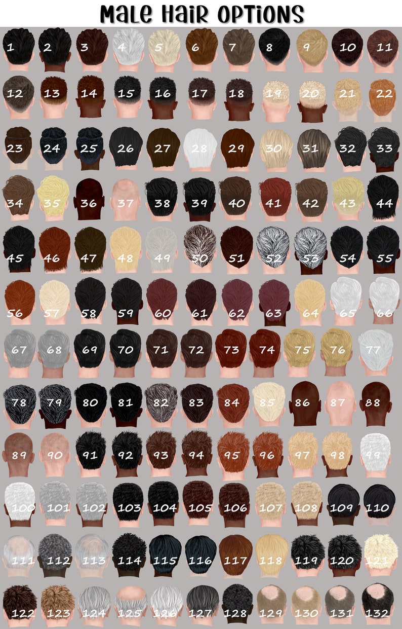 Op de afbeelding: Een grafiek met 132 verschillende kapsel opties voor mannen. Elk kapsel is genummerd en weergegeven op een silhouet van een hoofd.