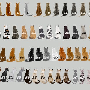 May include: A chart of 65 different cat illustrations, each numbered, with the cats sitting in a row facing the viewer. The cats are in various colors and patterns, including black, white, gray, brown, orange, tabby, calico, and tuxedo.
