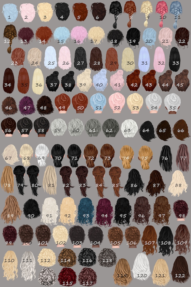 Op de afbeelding: Een grafiek met 122 verschillende kapsels, elk genummerd en weergegeven vanaf de achterkant. De kapsels zijn een mix van lange, korte, krullende, rechte en gevlochten stijlen. De kapsels zijn allemaal in verschillende kleuren, waaronder blond, bruin, zwart, rood en grijs.