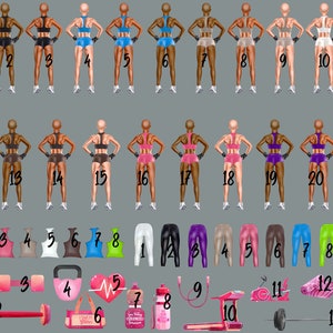 May include: A set of 21 fitness illustrations featuring women in various workout poses, along with 14 fitness accessories, including dumbbells, a kettlebell, a heart rate monitor, a water bottle, a treadmill, a stationary bike, and a barbell.