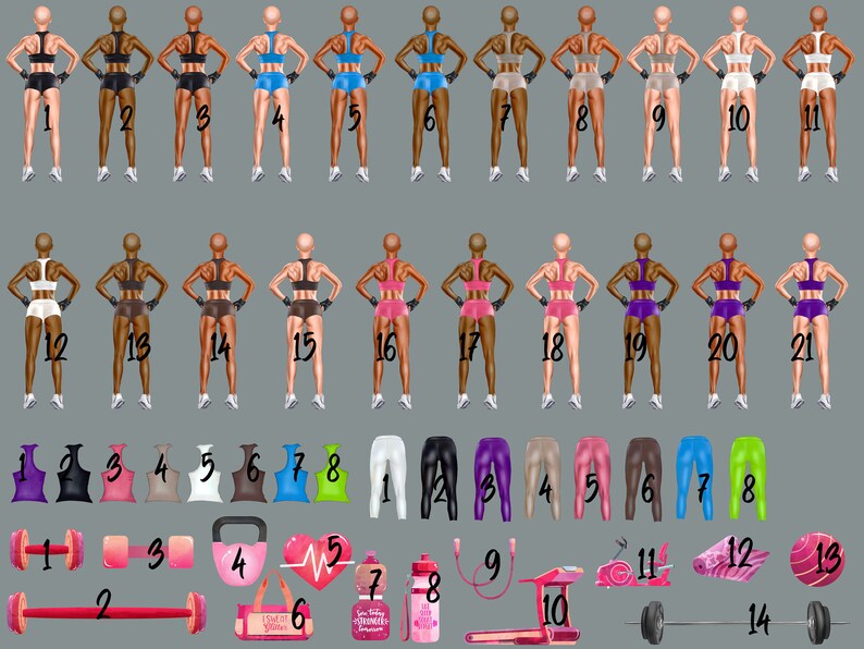 May include: A set of 21 fitness illustrations featuring women in various workout poses, along with 14 fitness accessories, including dumbbells, a kettlebell, a heart rate monitor, a water bottle, a treadmill, a stationary bike, and a barbell.