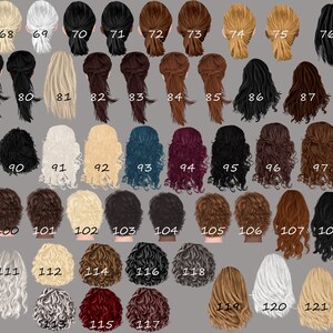 May include: A chart of 122 different hairstyles, numbered from 67 to 122. The hairstyles are all shown from the back, and they vary in length, color, and style.