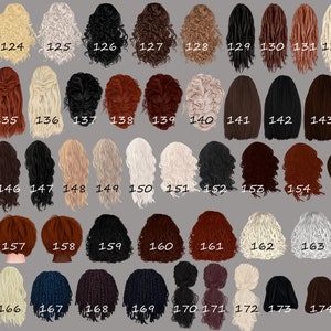 May include: A collection of 175 different hairstyles, each with a unique color and style. The hairstyles are arranged in rows and numbered from 123 to 175.