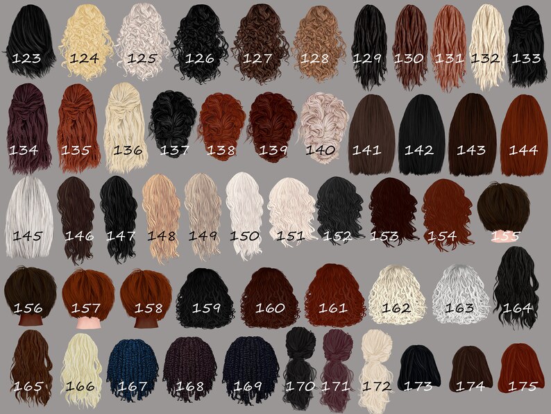 May include: A collection of 175 different hairstyles, each with a unique color and style. The hairstyles are arranged in rows and numbered from 123 to 175.